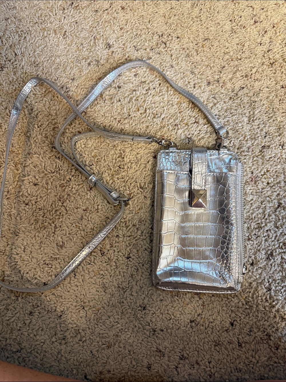 Silver Croc-Embossed Pyramid-Stud Crossbody Bag